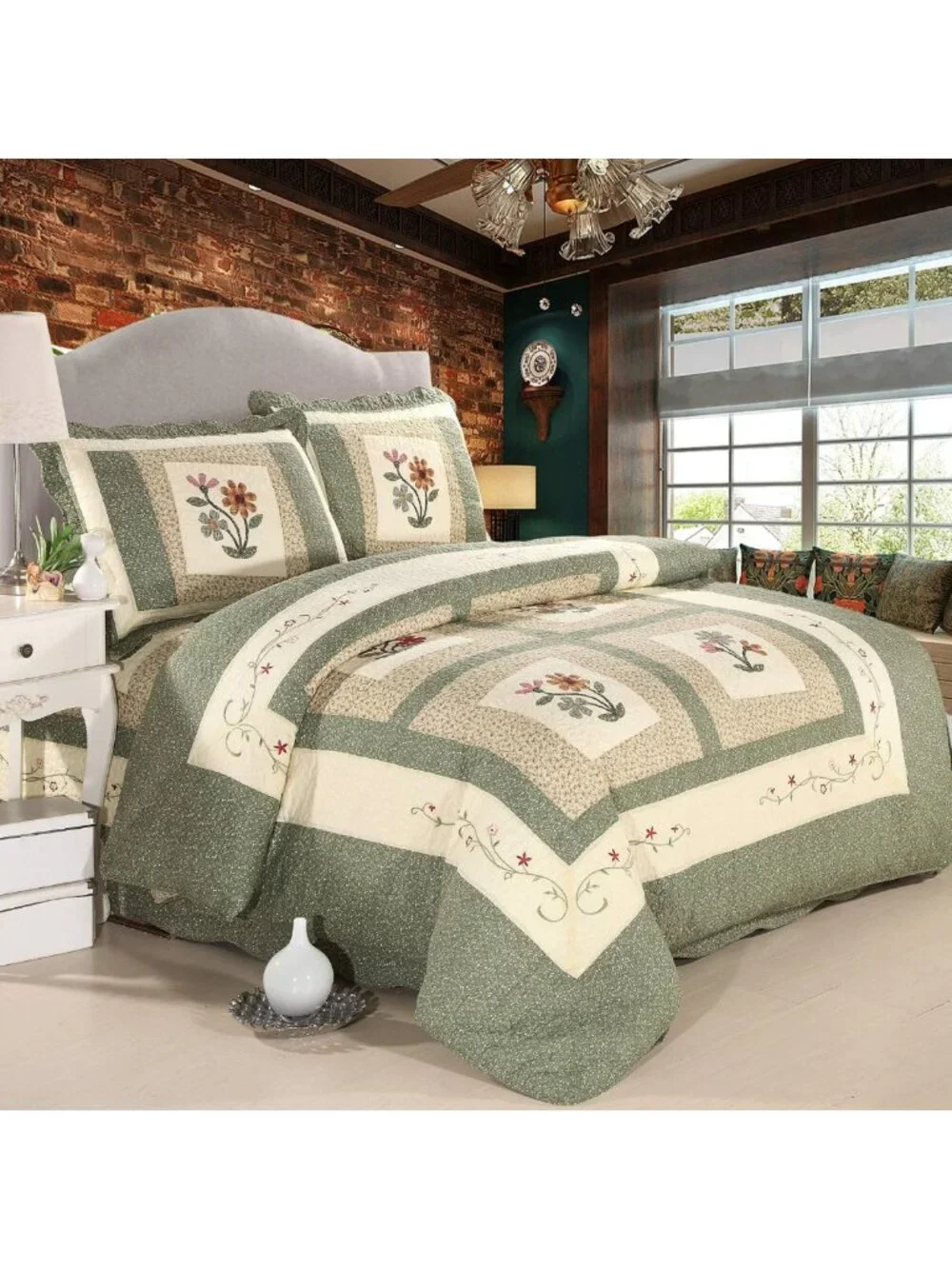 Farmhouse Green 3-Piece Quilted Bedspread Set, 100% Cotton Floral Coverlet